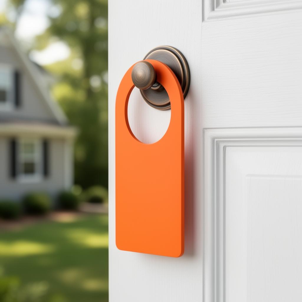Bright orange door hanger on a residential front door